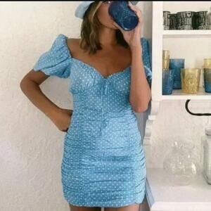 Zara Blue Polka Dot Bodycon Ruched Mini Dress Blogger Viral Puff Sleeve S